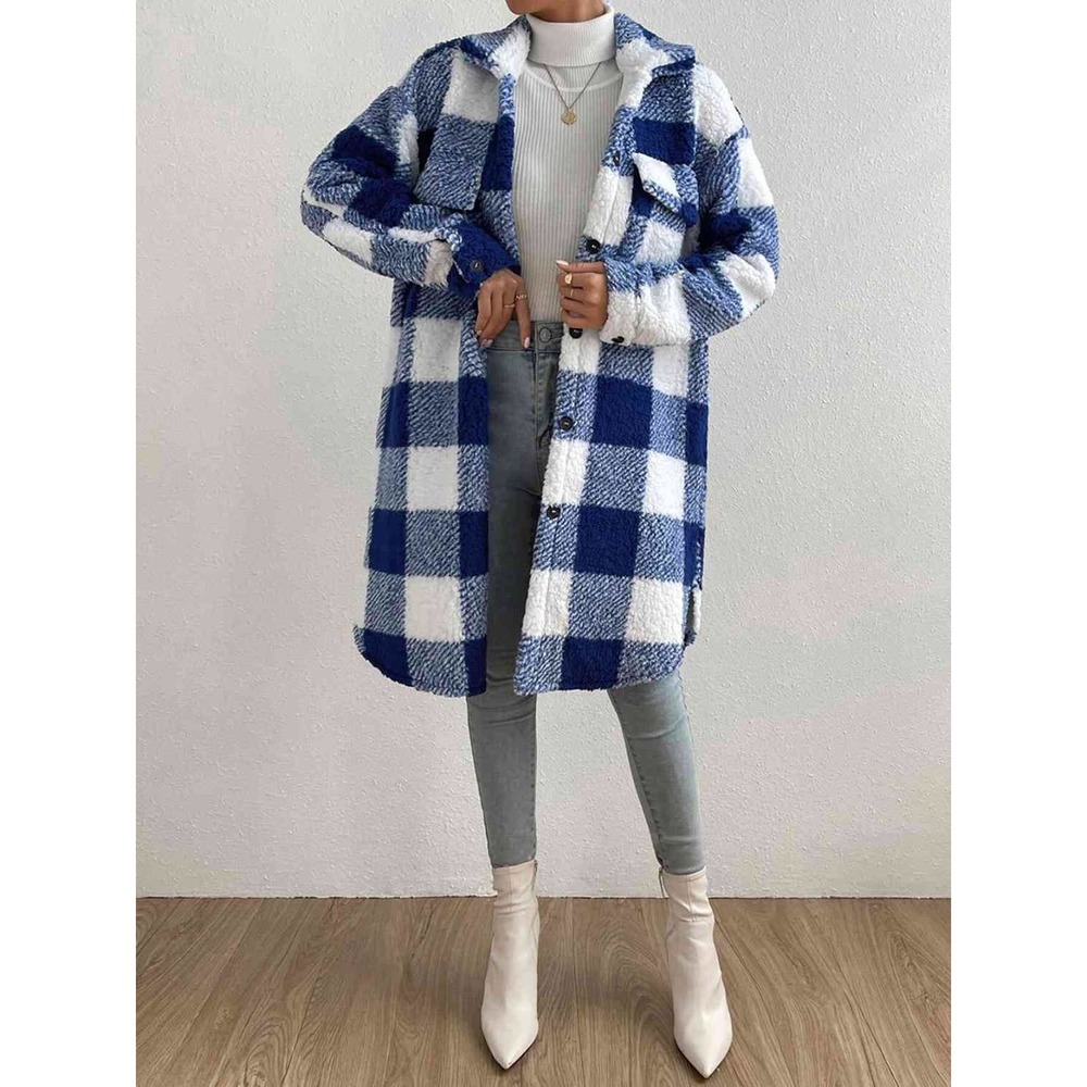 Plaid Button Down Longline Coat - Picture 3 of 8